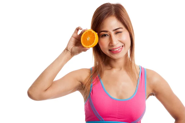 Asiatico sano ragazza su dieta con arancia frutta — Foto Stock