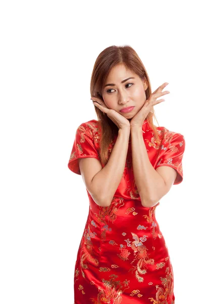 Sad Asian girl in chinese cheongsam dress — Stock Photo, Image