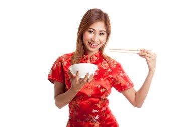 Asyalı kız cheongsam Çin yemek çubukları ile elbise