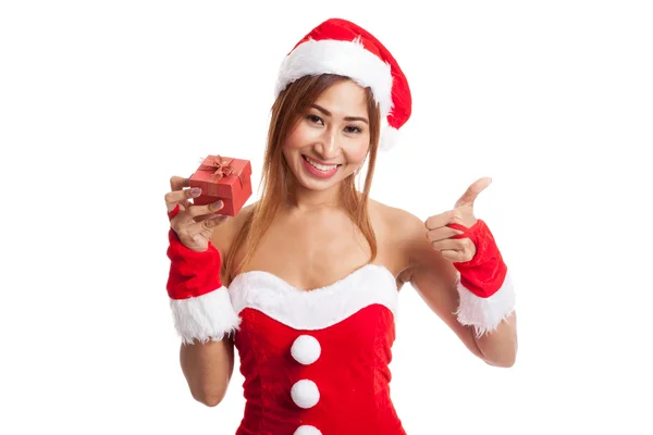 Asiática chica de Navidad pulgares arriba con Santa Claus ropa y rojo — Foto de Stock