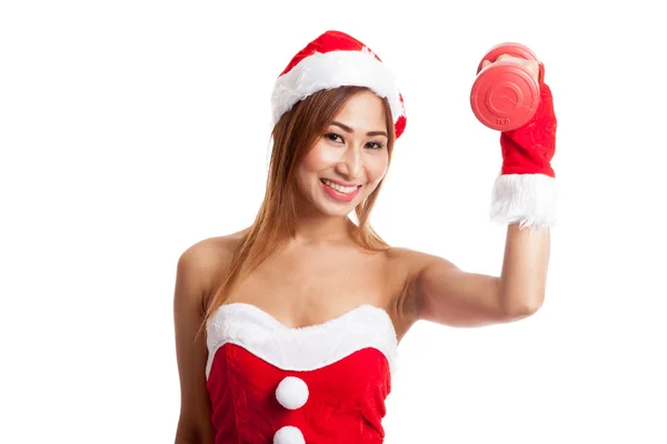 Asiático Navidad chica con santa claus ropa y rojo dumbbell — Foto de Stock