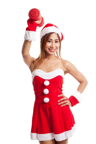 Boże Narodzenie azjatycki dziewczyna z Santa Claus ubrania i czerwony hantle — Zdjęcie stockowe