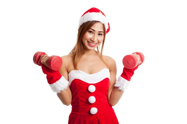 Asiatique fille de Noël avec Santa Claus vêtements et haltères rouges — Photo