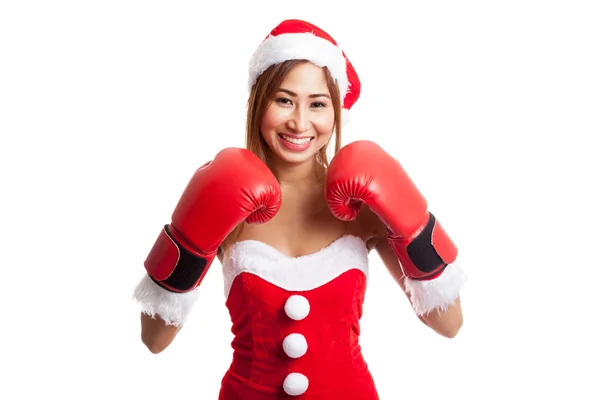 Menina asiática de Natal com roupas de Papai Noel e luva de boxe — Fotografia de Stock