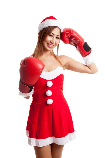 Boże Narodzenie azjatycki dziewczyna z Santa Claus odzież i rękawice bokserskie — Zdjęcie stockowe