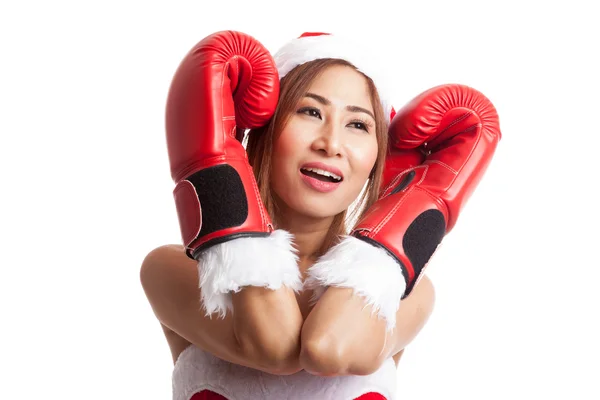 Boże Narodzenie azjatycki dziewczyna z Santa Claus odzież i rękawice bokserskie — Zdjęcie stockowe
