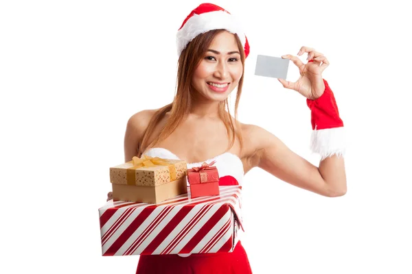 Asijské Vánoce dívka s Santa oblečení, dárkové krabice a karta — Stock fotografie