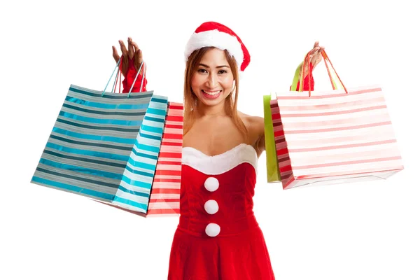 Asiática chica de Navidad con Santa ropa y bolsa de compras — Foto de Stock