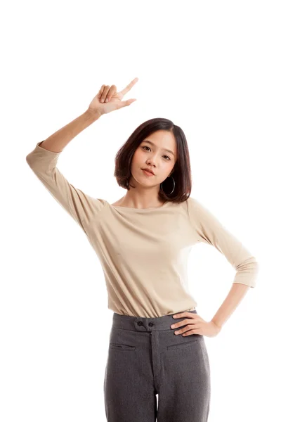 Young Asian businesswoman smile and point up — Stock Photo, Image