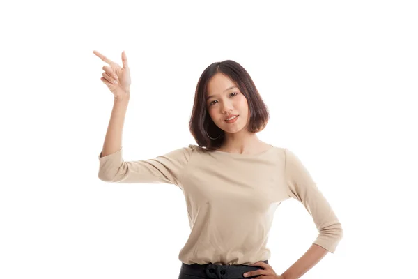 Young Asian business woman smile and point — Stock Photo, Image