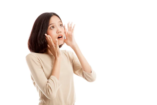 Beautiful young Asian woman shocked  and look up — Stock Photo, Image