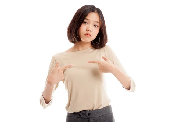 Giovane donna asiatica punta a se stessa chiedere perché me — Foto Stock