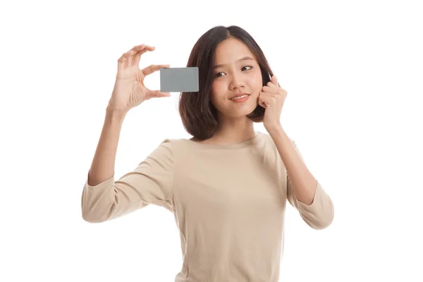 Felice giovane donna d'affari asiatica con una carta bianca — Foto Stock