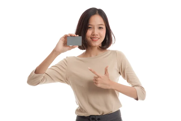 빈 카드를 젊은 아시아 비즈니스 여자 포인트 — 스톡 사진