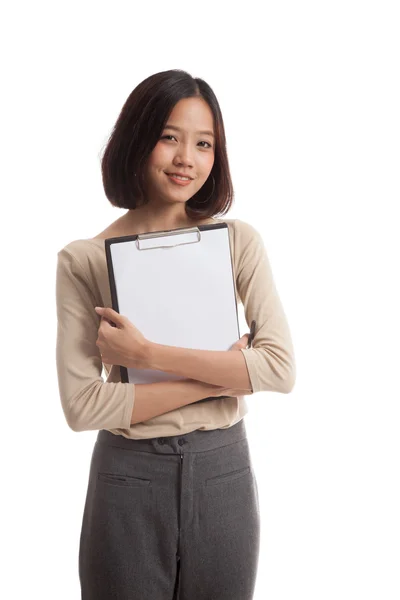 Mladé asijské obchodní žena drží schránka — Stock fotografie