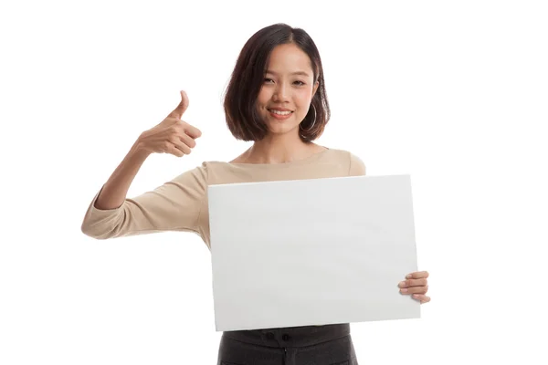 Joven mujer de negocios asiática mostrar pulgares hacia arriba con blanco signo en blanco —  Fotos de Stock