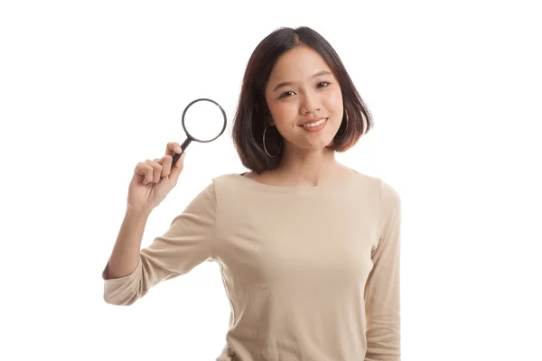 Young Asian business woman with a magnifying glass — Stock Photo, Image