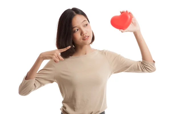 Asian business woman point to red heart — Stock Photo, Image