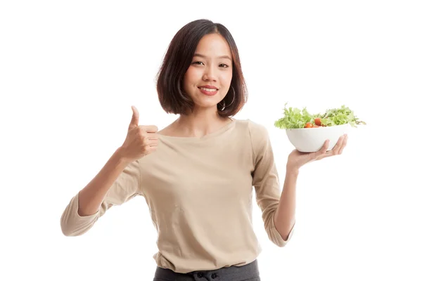 Healthy Asian business woman thumbs up with salad — Stock Photo, Image