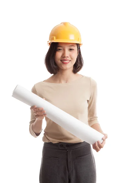 Asian engineer woman with blueprints — Stock Photo, Image