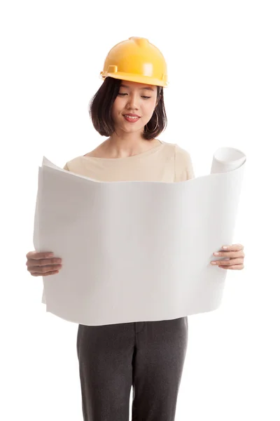 Asian engineer woman with blueprints — Stock Photo, Image