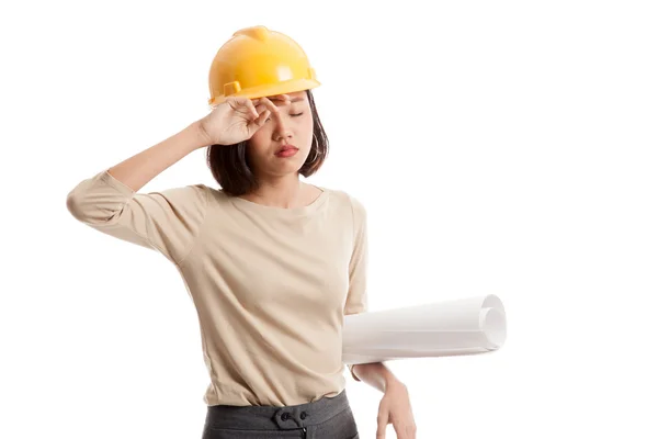 Tried Asian engineer woman with blueprints — Stock Photo, Image