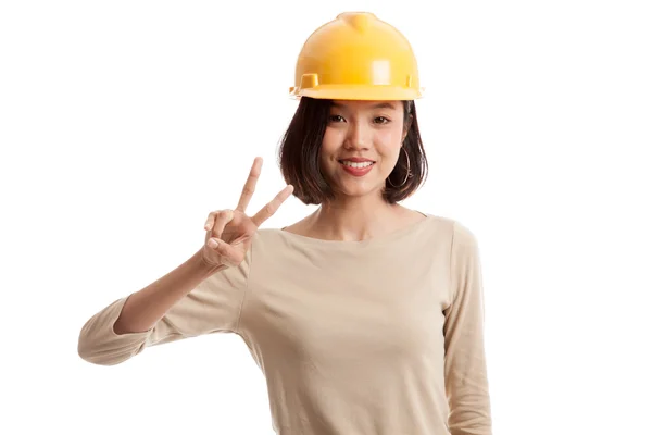 Asian engineer woman show Victory sign — Stock Photo, Image