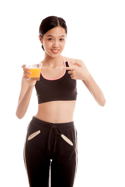 Krásná Asiatka zdravé poukazují na pomerančový džus — Stock fotografie