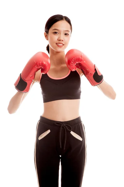 Beautiful healthy Asian girl with red boxing glove — Stock Photo, Image