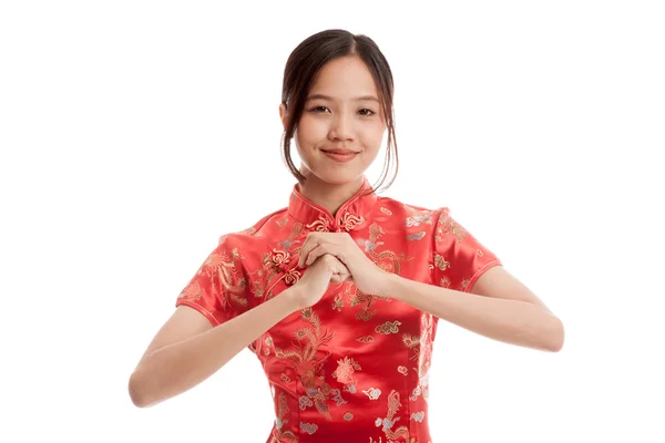 Ázsiai lány kínai cheongsam ruha gesztus, a congratula — Stock Fotó