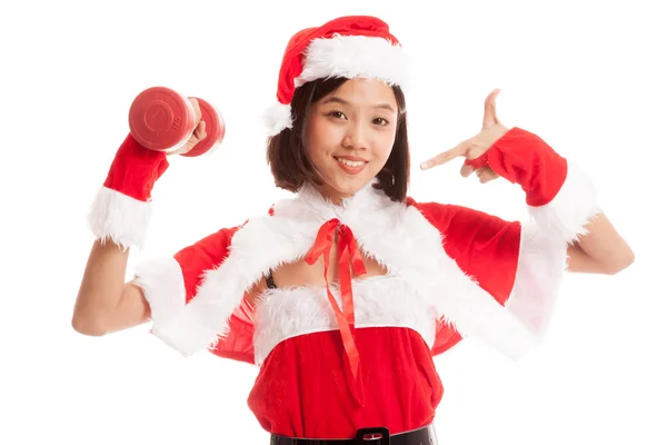 Asiático Navidad santa claus chica punto a rojo dumbbell —  Fotos de Stock