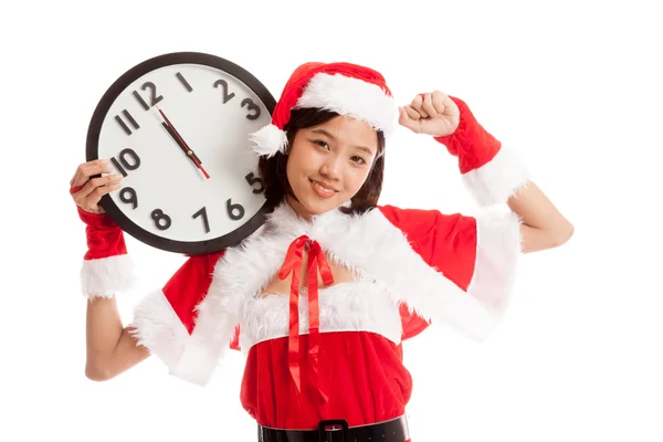 Asian Christmas Santa Claus girl  and clock at midnight — Stock Photo, Image