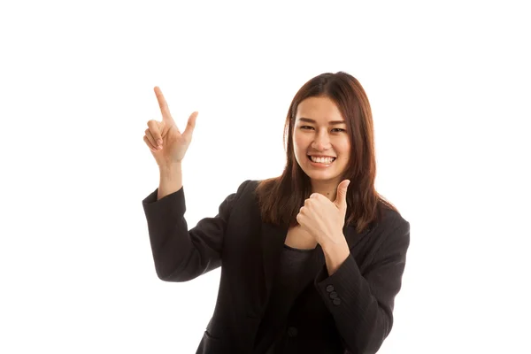 Joven asiático mujer de negocios punto y pulgares hacia arriba . —  Fotos de Stock