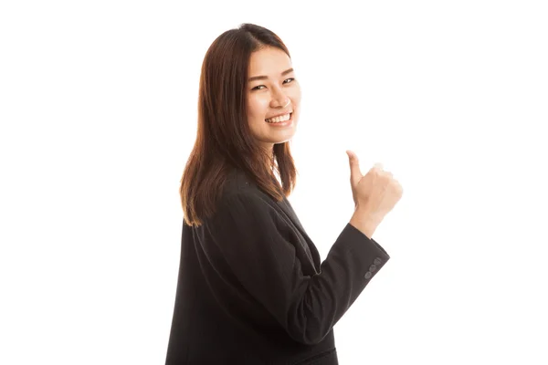 Joven mujer de negocios asiática vuelta pulgares hacia arriba . — Foto de Stock