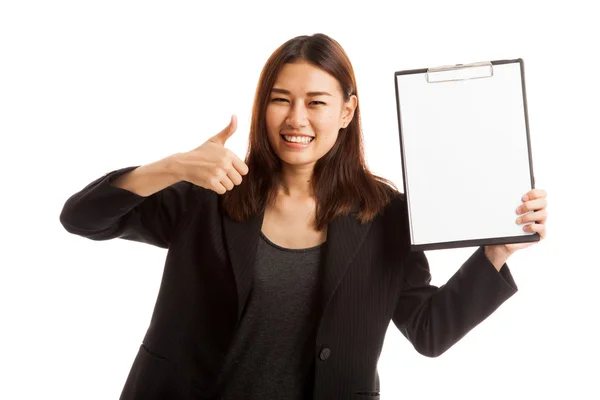 Asiática mujer de negocios mostrar pulgares arriba y en blanco portapapeles . —  Fotos de Stock