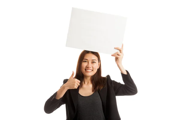 Joven mujer de negocios asiática mostrar pulgares hacia arriba con blanco signo en blanco —  Fotos de Stock