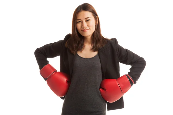 Young Asian business woman with red boxing gloves. — Stock Photo, Image