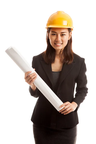 Asian engineer woman with blueprints. — Stock Photo, Image