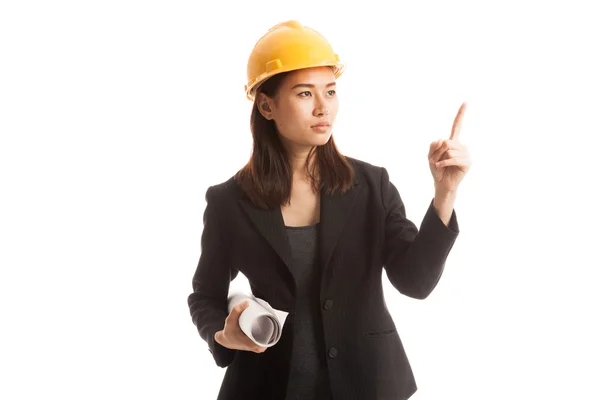 Asian engineer woman pointing with blueprints. — Stock Photo, Image