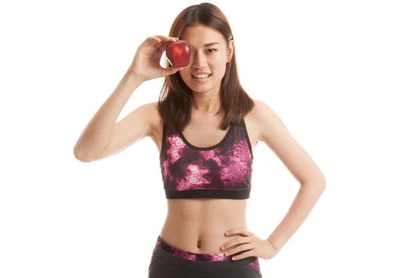 Hermosa chica sana asiática con manzana roja . — Foto de Stock
