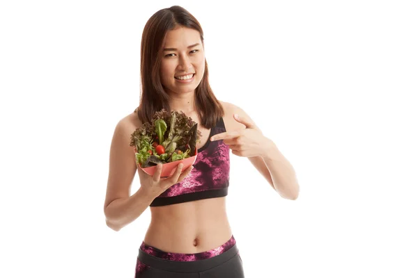 Beautiful Asian healthy girl point to salad. — Stock Photo, Image