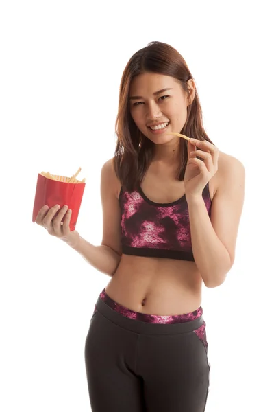 Krásná Asiatka zdravé jíst hranolky. — Stock fotografie