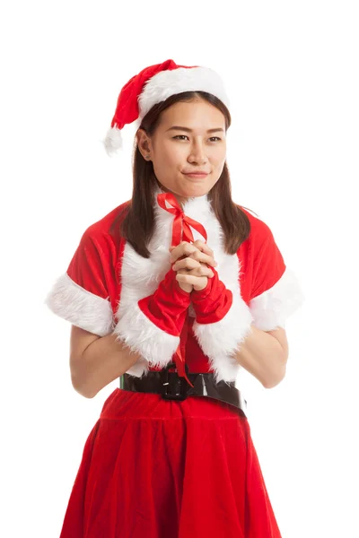 Asiático Natal Papai Noel menina está orando . — Fotografia de Stock