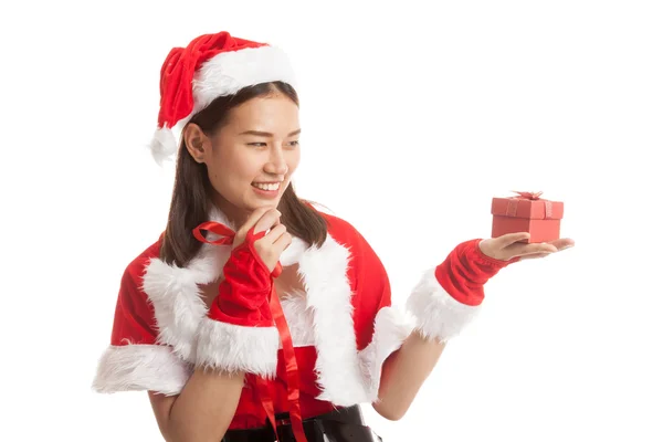 Asian Christmas Santa Claus girl and gift box. — Stock Photo, Image