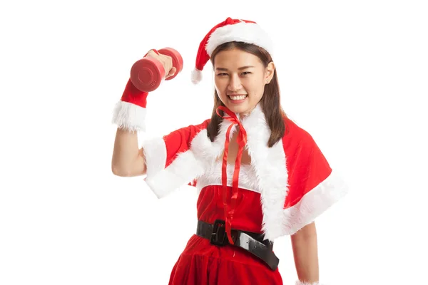 Asiatische Weihnachtsmädchen mit Weihnachtsmann Kleidung und roter Hantel. — Stockfoto