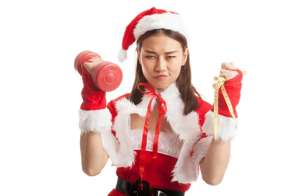 Asiático Natal Papai Noel menina com fita métrica e dumbbel — Fotografia de Stock