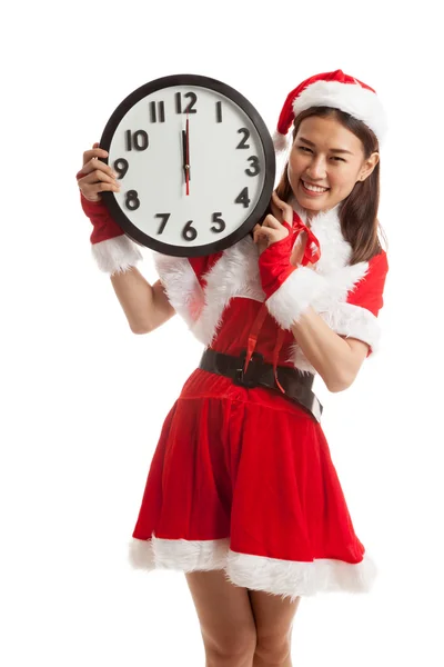 Asian Christmas Santa Claus girl  and clock at midnight. — Stock Photo, Image