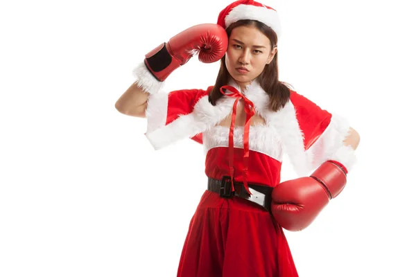 Asian Christmas Santa Claus girl  with boxing glove. — Stock Photo, Image