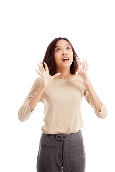 Excited young Asian business woman look up — Stock Photo, Image