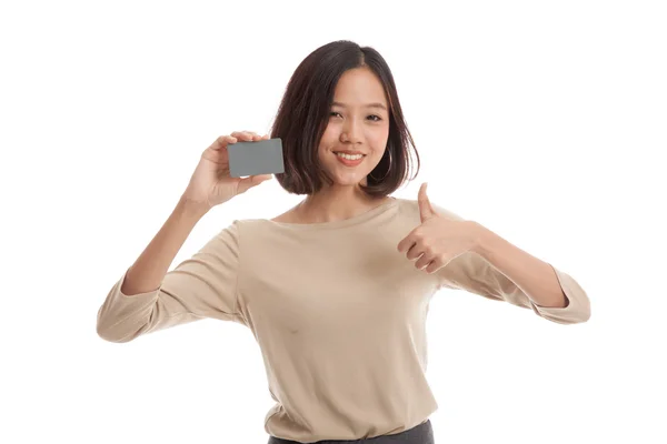 Joven mujer de negocios asiática pulgares hacia arriba con una tarjeta en blanco — Foto de Stock